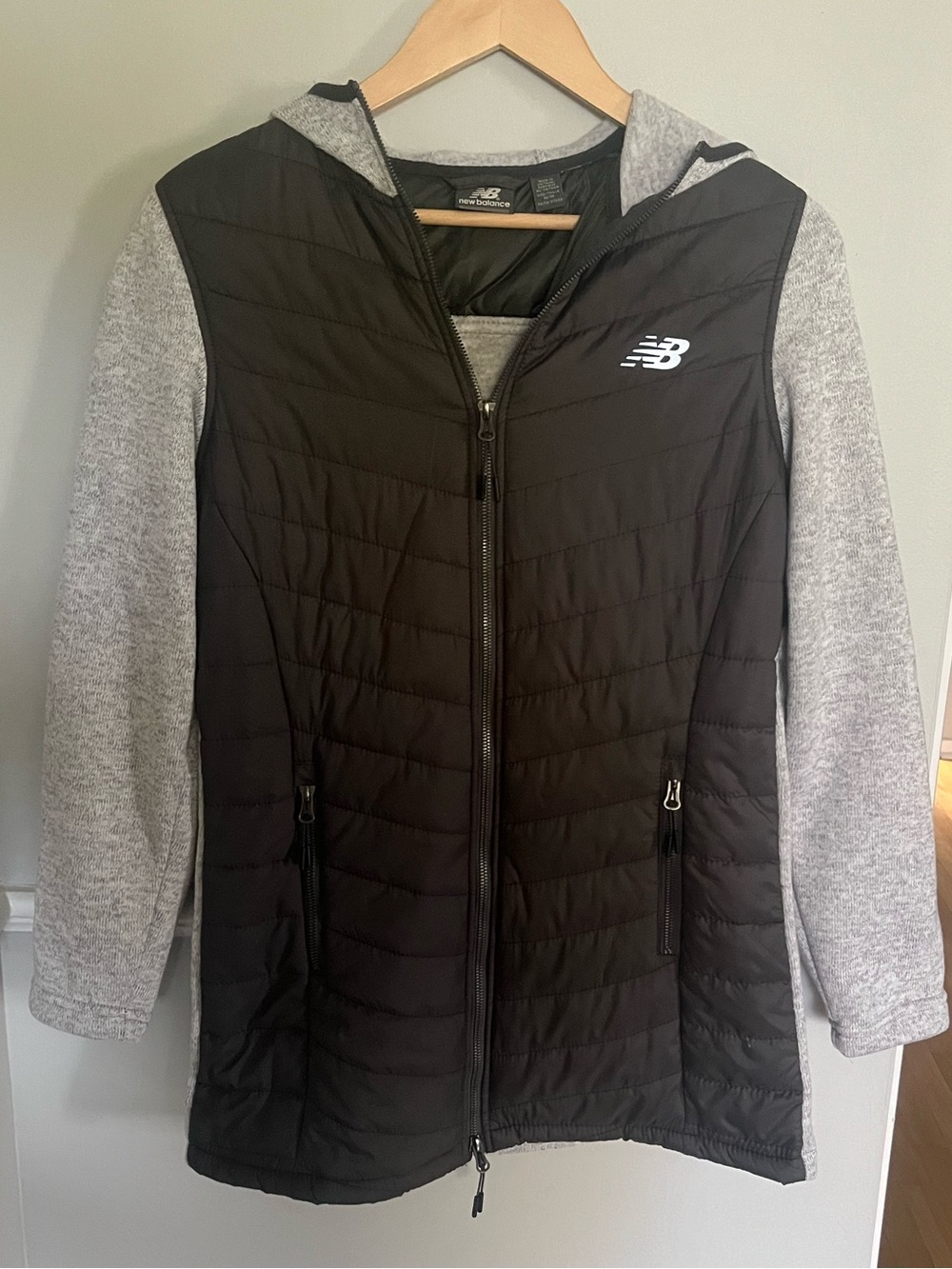 New Balance Black Quilted Hooded Jacket with Light Gray Sleeves